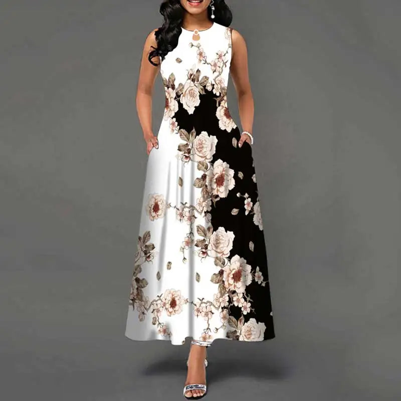 Sleeveless Long Dress Women Flower Print Large Swing Skirt