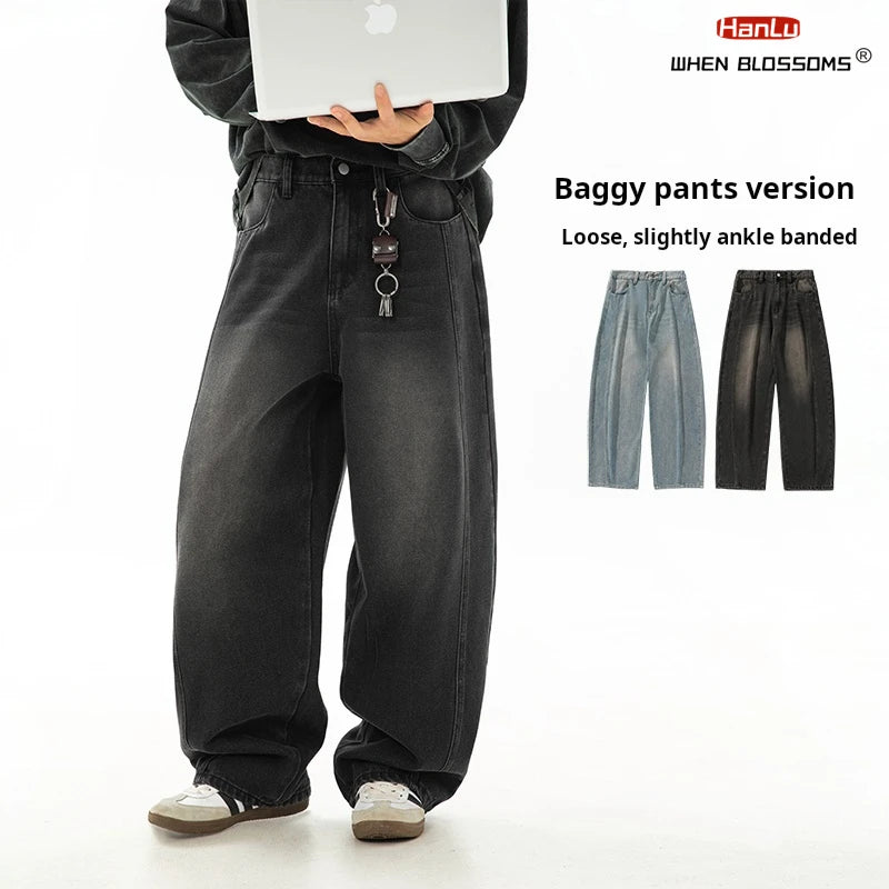 HANLU 2025 Spring New! Men's Retro Washed Oversized Jeans, Split Structure Curved Trousers from Trendy Brand, Loose and Stylish