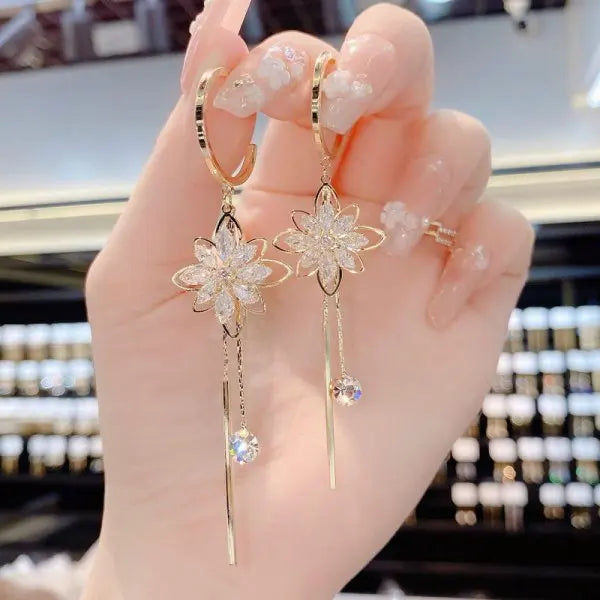 Gold Plated Crystal Leaf Tassel Drop Earrings for Women