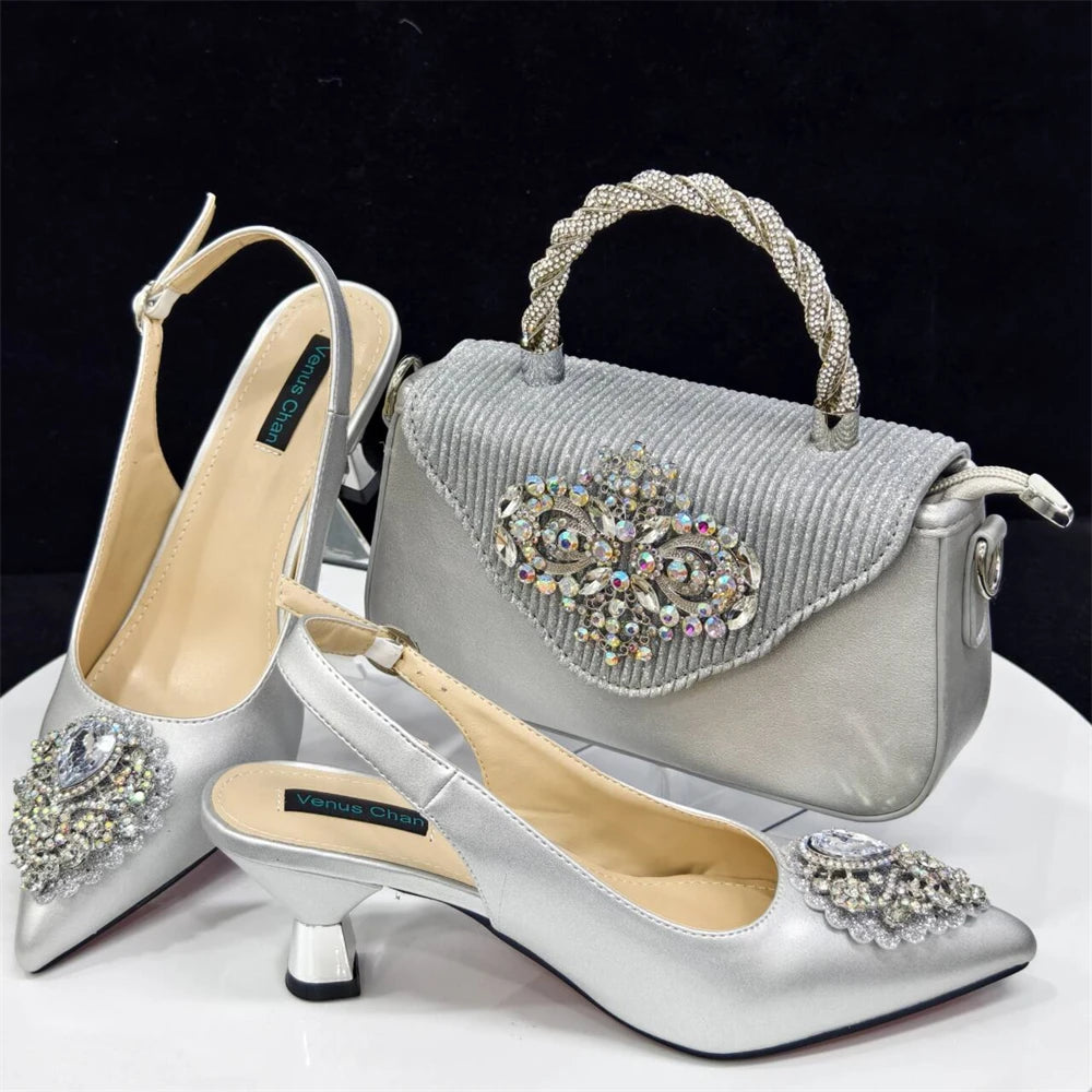 Women's Pink High Heel Frosted Crystal Shiny Rhinestone Party Pointed Shoes And Bag