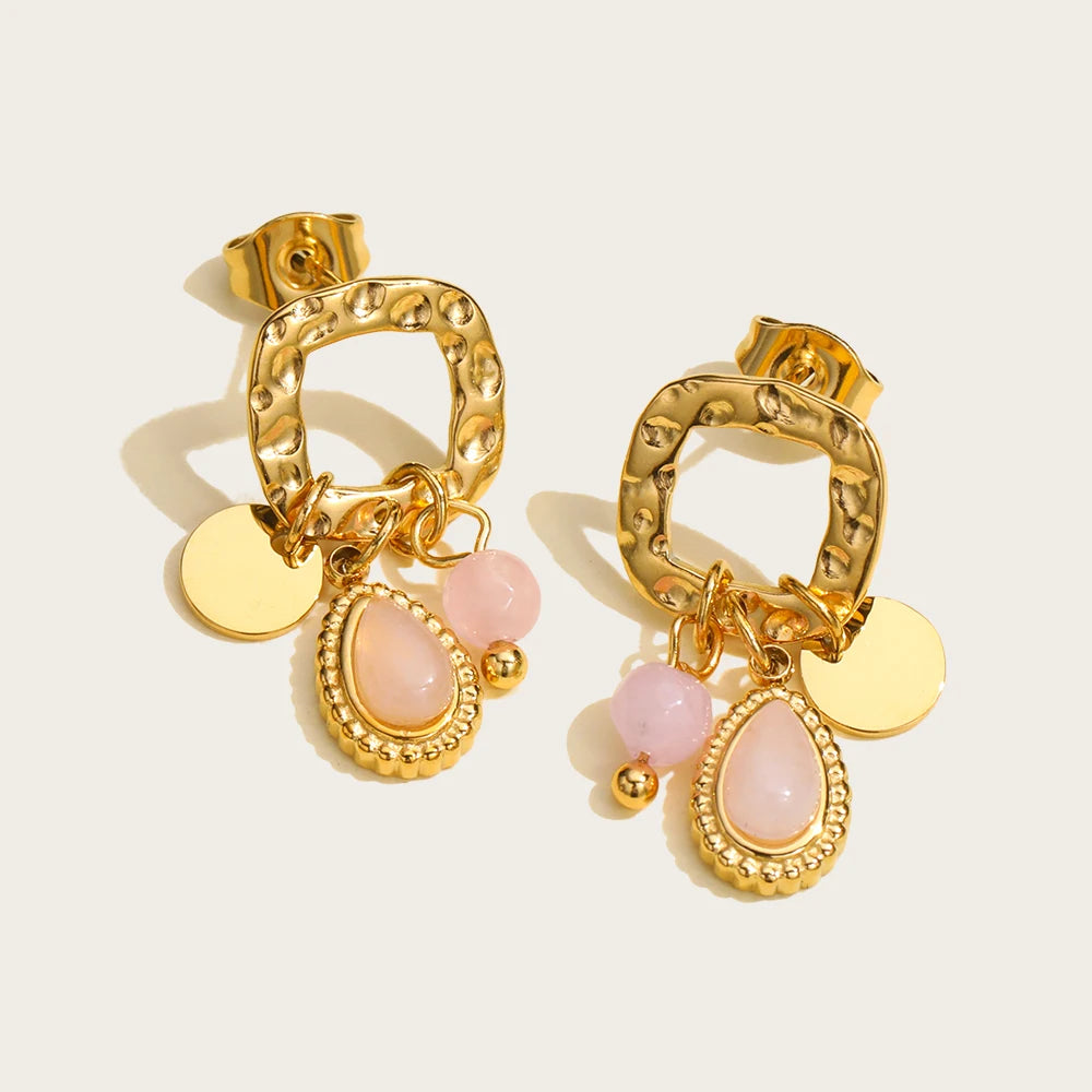 Gold Plated Stainless Steel Natural Stone Drop Earrings for Women