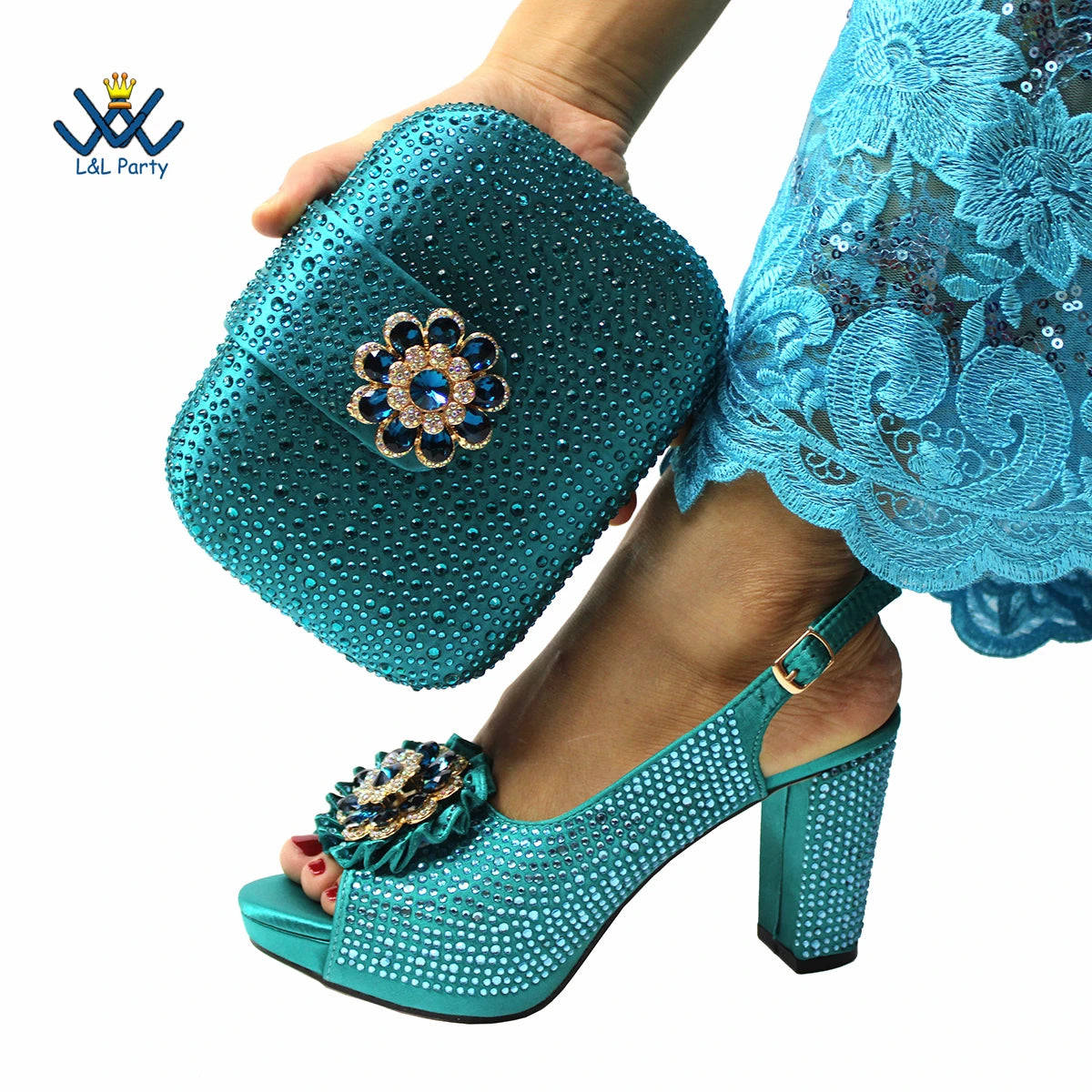 Peep Toe Spring Autumn Lady Shoes and Bag Set in Gold Color