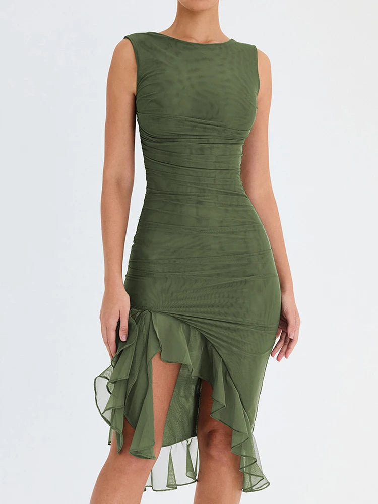 Elegant Ruffle Ruched Midi Dress For Women