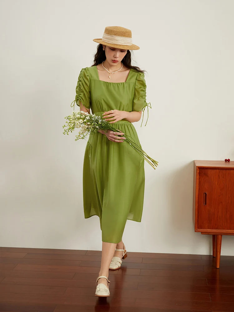 DUSHU French Vintage Tie Waist Dress Summer 2023 New Fresh Dress For Women Green Black Women Hight Waist Dress For Women