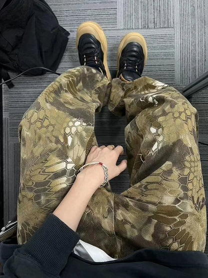 Snake Animal Print Camouflage Pants for Men Wide Leg Jeans