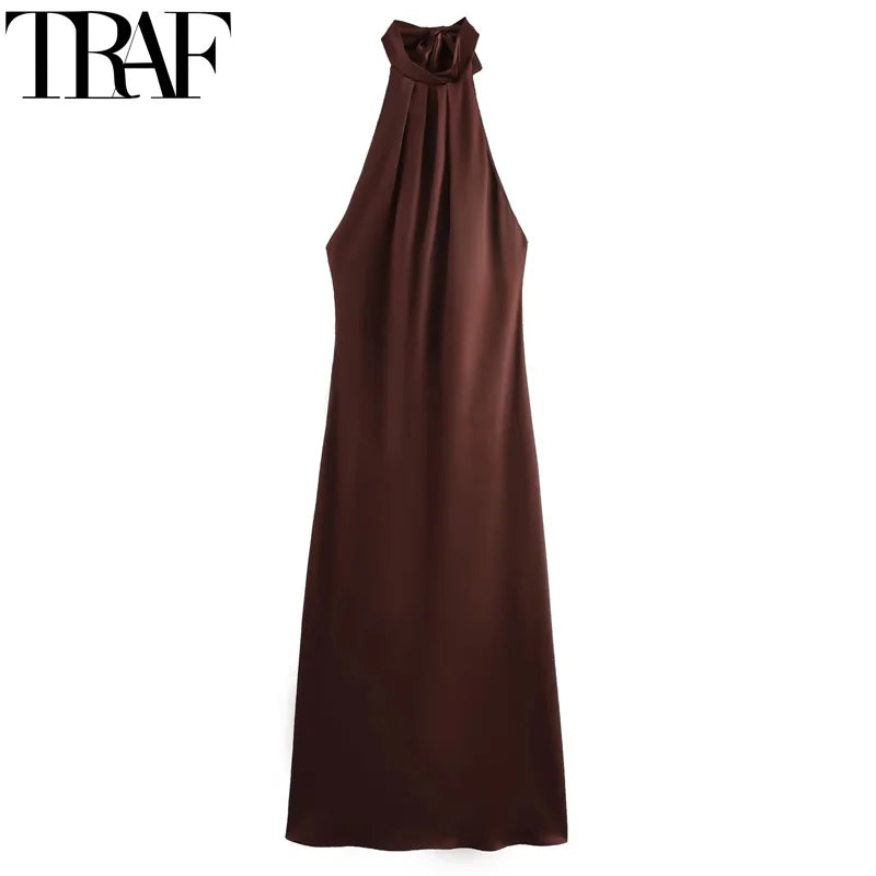 Halter Satin Long Dress Women Tied Backless Brown Midi Dress
