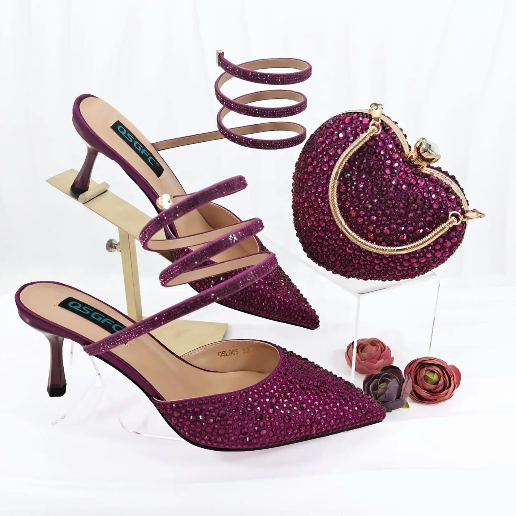 Shoes And Bag Full Diamond Women's Pointed Toe High Heels