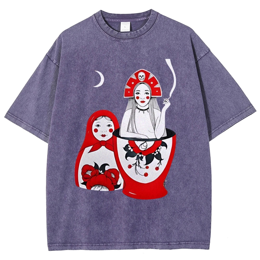 Russian Doll Pattern, Cute Style, Y2k Graphic Tee, Women's Oversized T-Shirt, Cute Hand-Painted Bunny, Korean Style Art, Summer