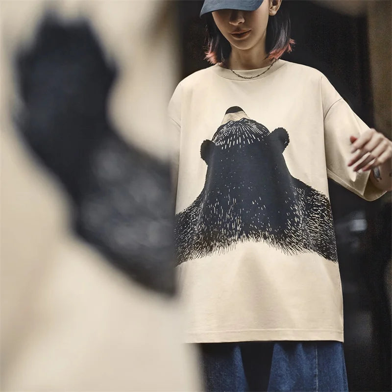 Maden Oversized Bear Print Short Sleeve T-Shirt Women's Summer Apricot Loose Fit Ribbed Crew Neck Tee Cute Casual Street Tops