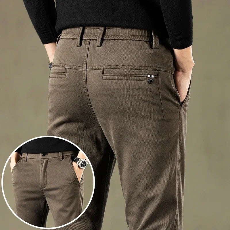 2024 Spring New Men's Casual Pants Brand Clothing Business Elastic Waist Thick Classic Slim Trousers Male Black Grey Brow