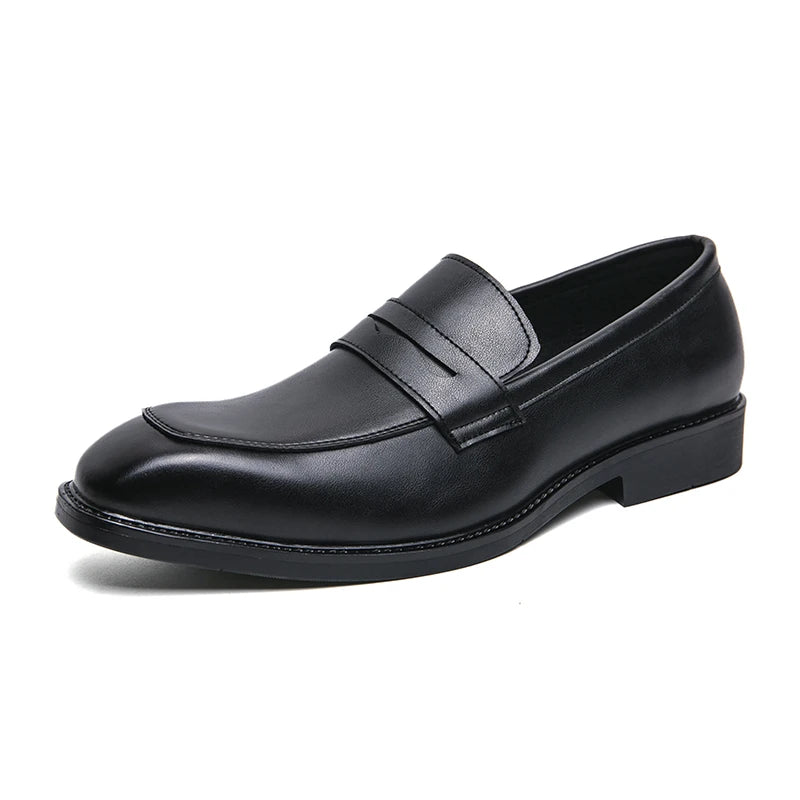 Fashion Penny Loafers Leather Men Shoes Simple Pointed Toe Slip on Dress Business Suit Casual Party Wedding Shoes for Man Brown