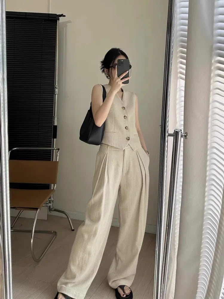 Women Casual Weaving Linen Sleeveless Sets
