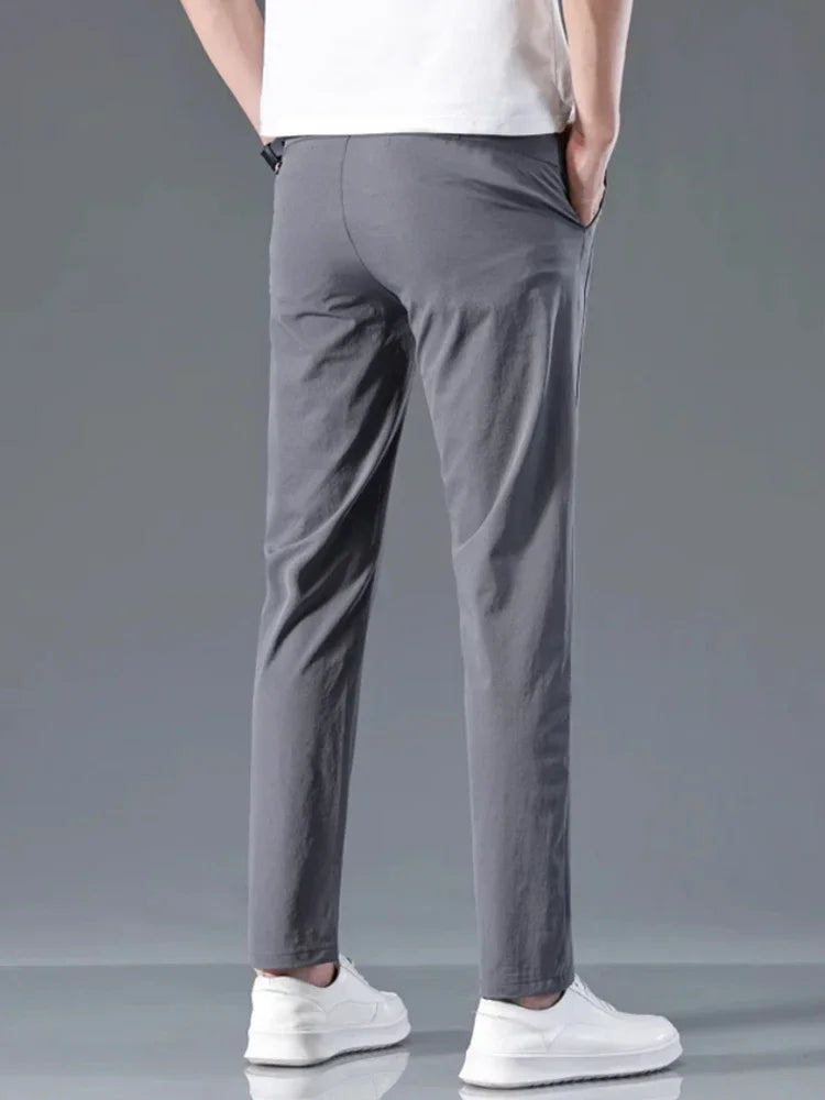 Elastic Men's Casual Trousers Summer Ultra-thin Ice Silk Slim Straight Business Pants Quick-drying Sweatpants Black Gray