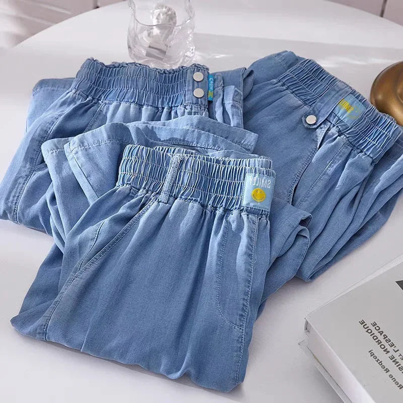 Loose Fit Ice Silk Denim Casual Pants Women's Summer Trendy Brand Thin Wide Leg Pants High Waist Wide Leg Jeans