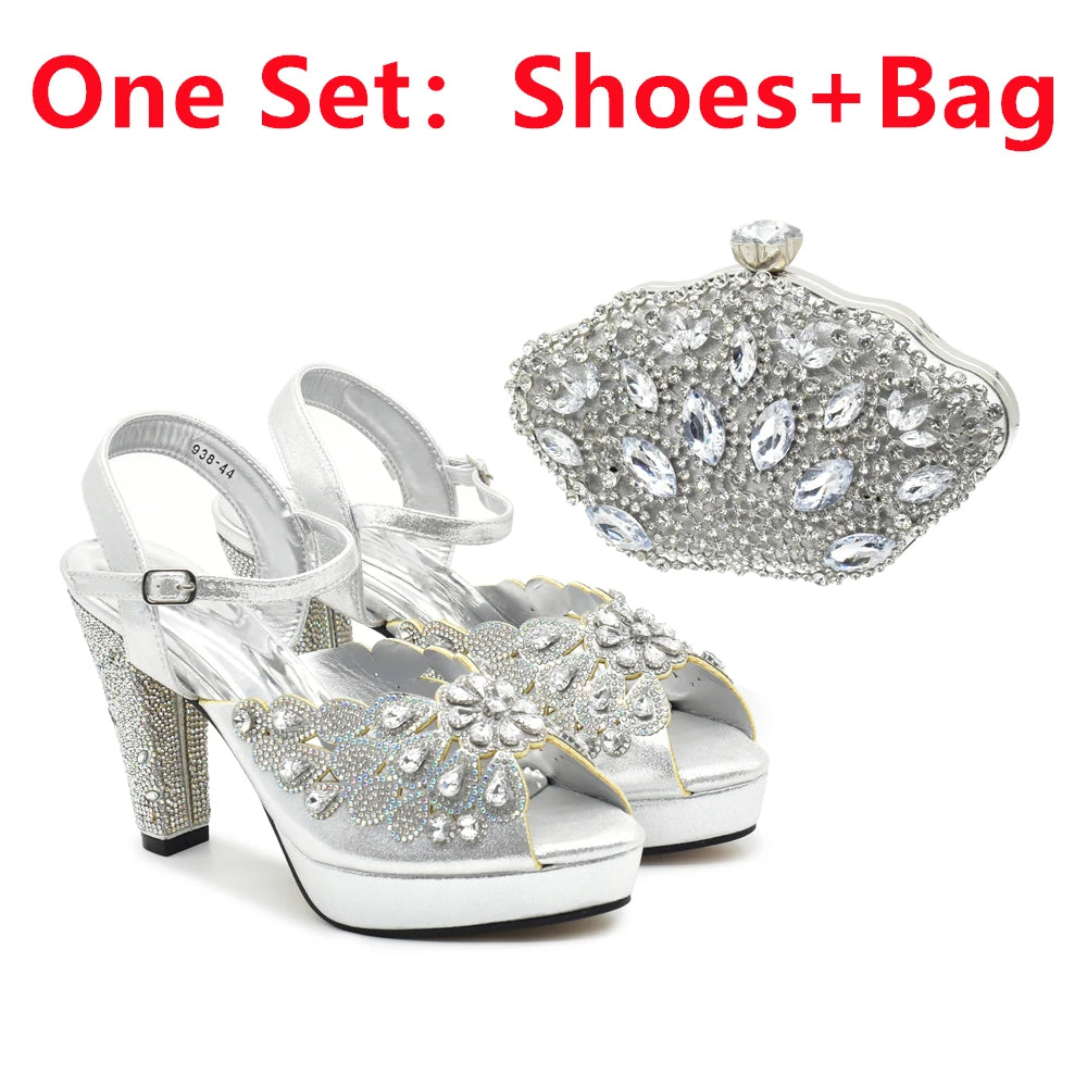 Peep Toe Thin Heels Shoes Matching Bag Set for Party
