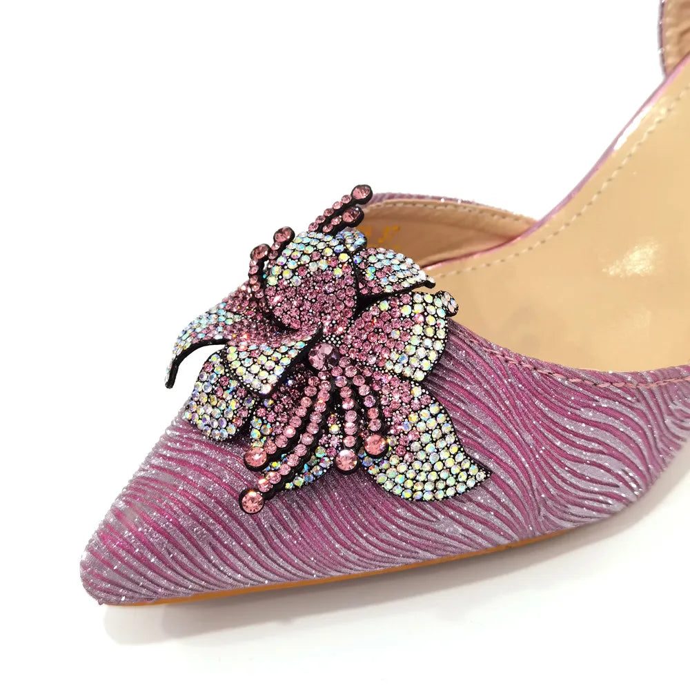 Pointed Rhinestone Stiletto High Heels Royal Pink Shoes And Bags Women