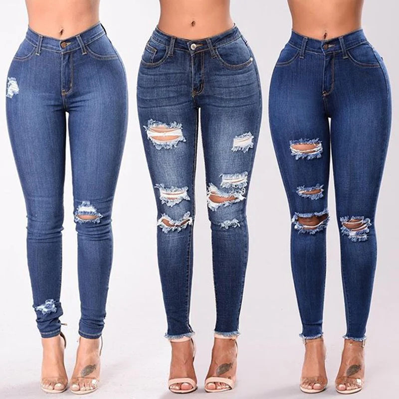 2024 Women Stretch Skinny Ripped Jeans Lady High Waist Pencil Long Pants Narrow Straight Leg Wrap Hips Plus Size S-3XL Trousers