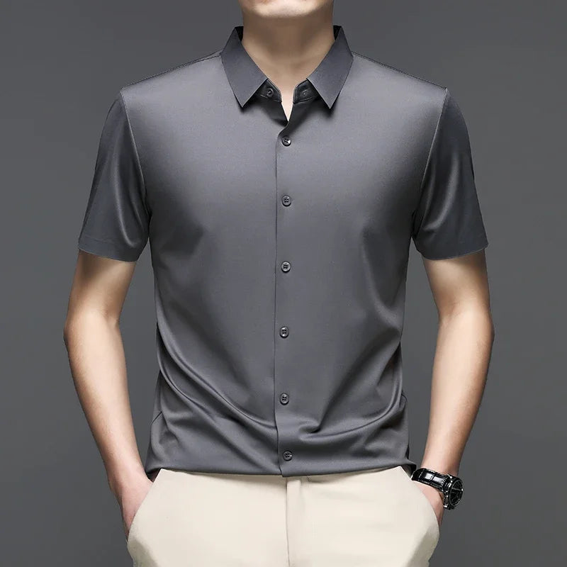 New Men's Business Casual Solid Color Short Sleeved Shirt for Summer Fashion No Ironing Comfortable and Versatile Top