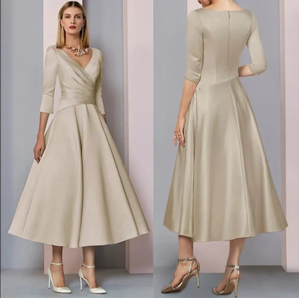 Evening Dress Women Elegant Sexy Satin Deep V-neck 3/4 Sleeves