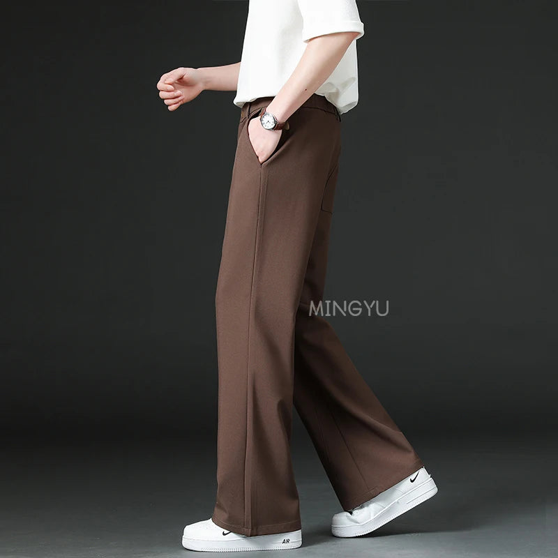 Brand Clothing Summer Smooth Flare Pants Men Business Elastic Waist Suit Flared Trousers Male Korean Work Office Plus Size S-4XL