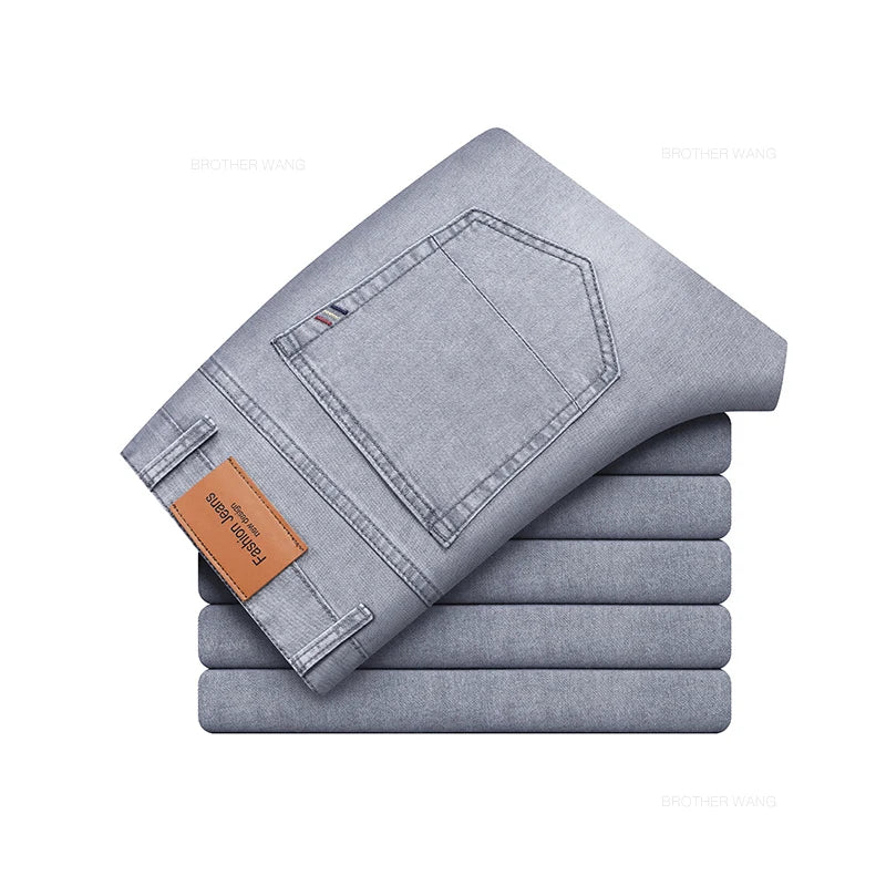 2024 Summer Thin Men's Elastic Cotton Jeans Fashion Gray Comfortable Business Straight Casual Pants High Quality Brand Trousers