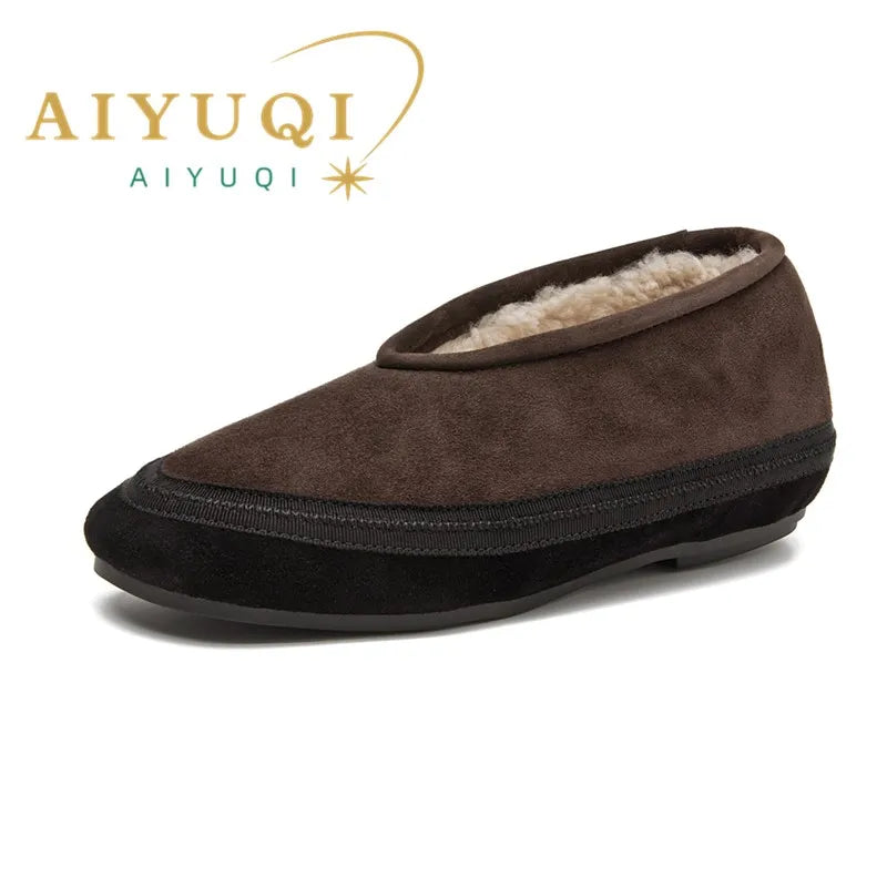 AIYUQI Winter Flat Shoes Women 2025 New Fur Lining Warm Women Snow Shoes Genuine Leather Comfortable Female Winter Ballet Shoes