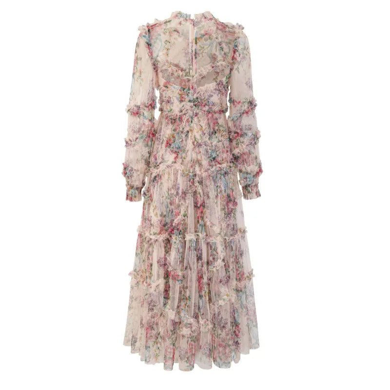 Women's Tide Long Sleeve Skirts Floral Organza Pleated