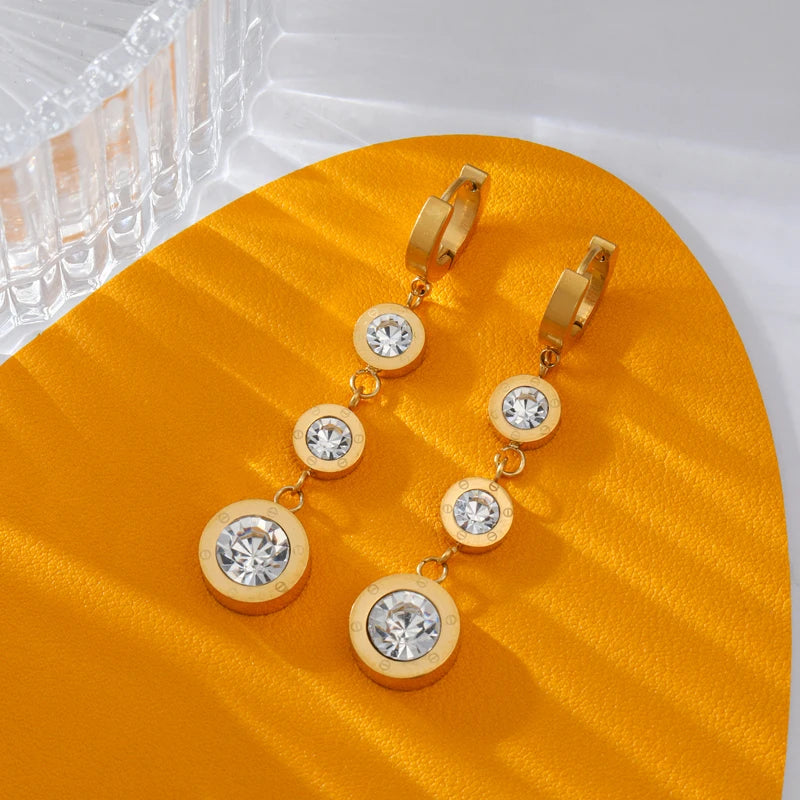 Stainless Steel Luxury White Zirconia Drop Earrings For Women