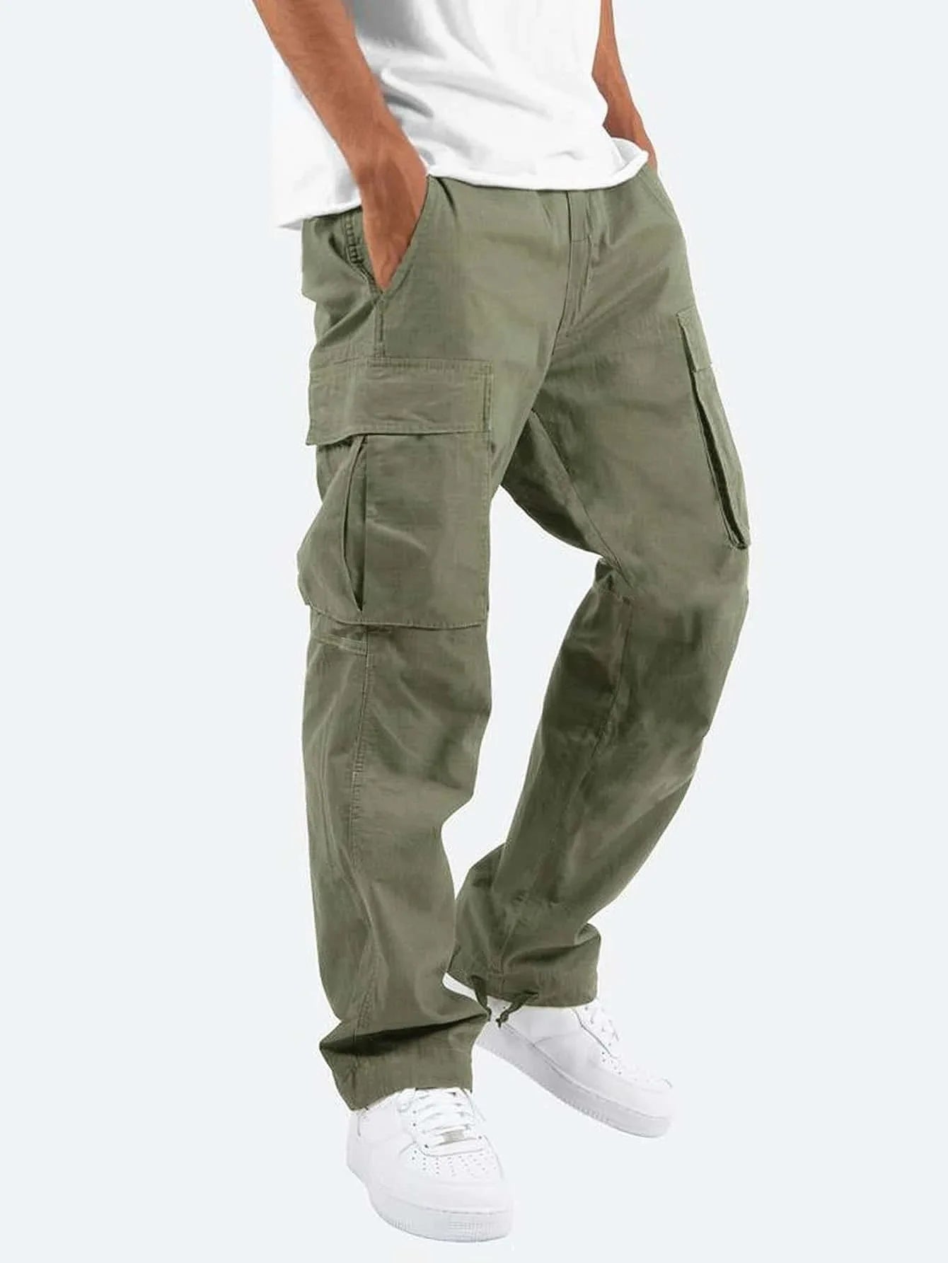 Cargo Pockets Casual Male High Elastic Waist Pocket Wide Leg Trousers