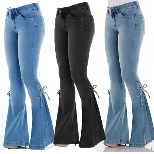 Full Length Flare Pants Women Jean Washed Denim Pants