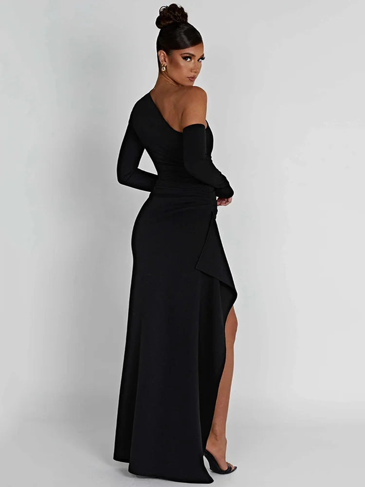 Oblique Shoulder Thigh High Split  Long Sleeve Backless Long Dress