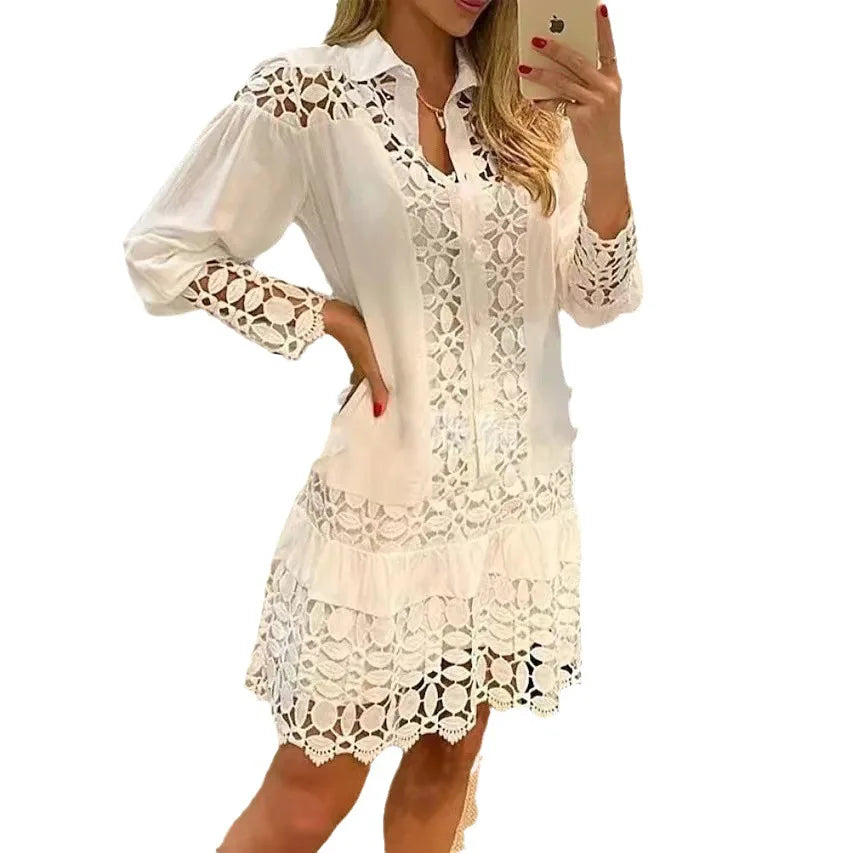 Women Long Sleeve 2 Piece Sets Solid Color Lace Splicing Elegant Prom Dress