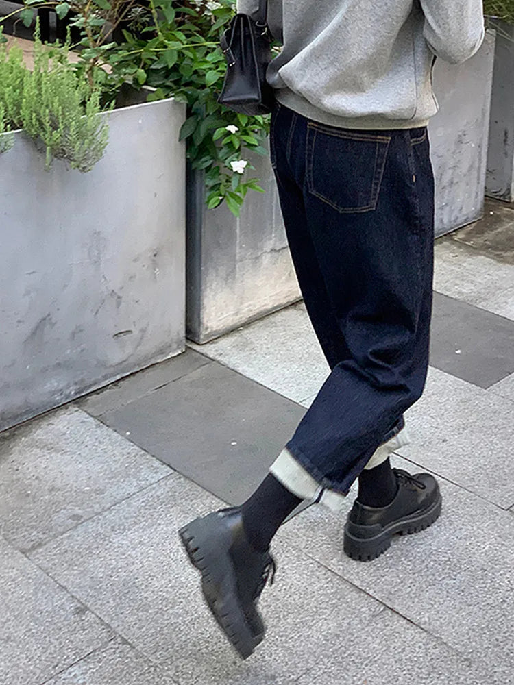 2023 Korean Y2K Fashion Dark Blue Cropped Haren Jeans Pants For Women Clothing Straight Casual Luxury Lady Trousers Ropa Mujer
