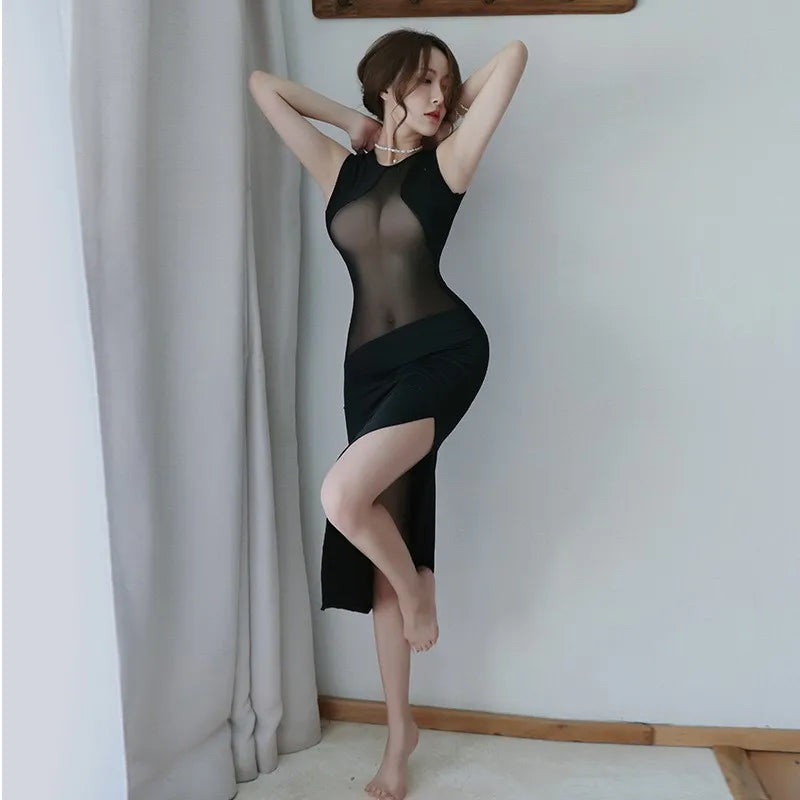 Mesh breast revealing dress long skirt buttocks wrapped nightclub outfit