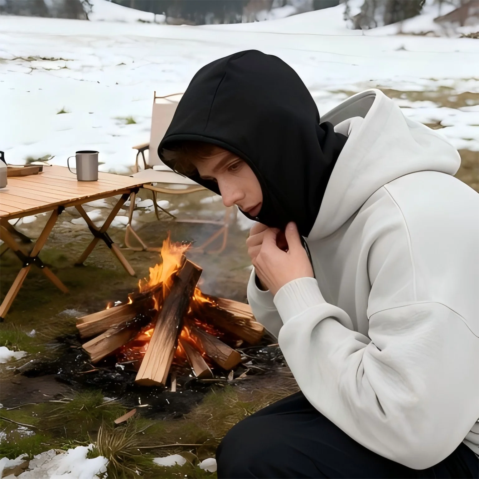 Unisex Double Hooded Fleece Sweatshirt Woman Balaclava Hoodie Half Zip Warm Outfit for Fall Winter Men Clothing Masked Outfit