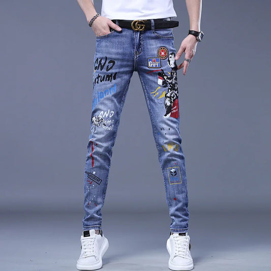 Printed Jeans Men's Korean Brand Embroidery Badge Cowboy Pencil Pants