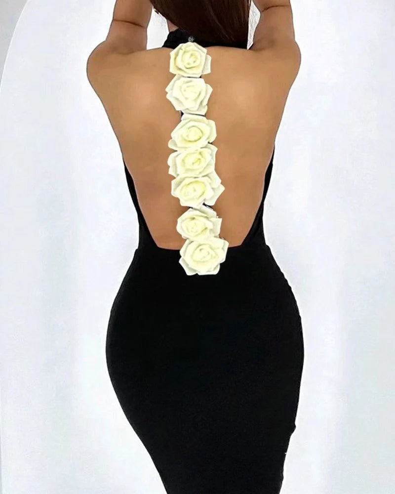 Elegant Rose Detail Dress Mock Neck Sleeveless Backless Bodycon
