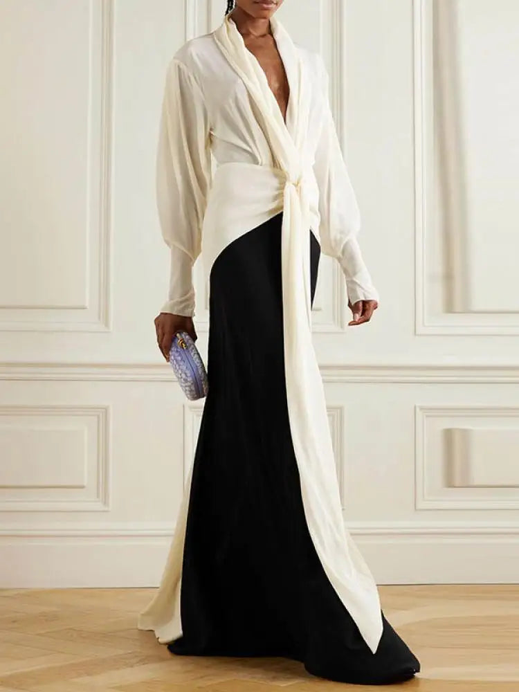 Women Fashion Patchwork Deep V-Neck Pleated Party Evening Dresses
