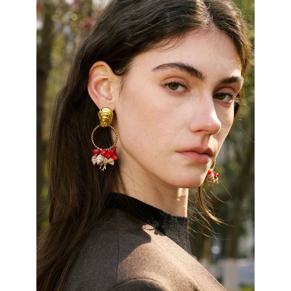Ocean Holiday Red Natural Stone Shell Dangle Earrings