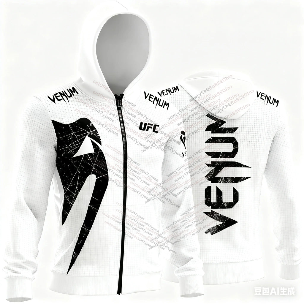 New Men's UFC Black White Hoodies Classic Long Sleeved 3D Printed Zipper Jacket Autumn/Winter Casual Boxing Fitness Training Top