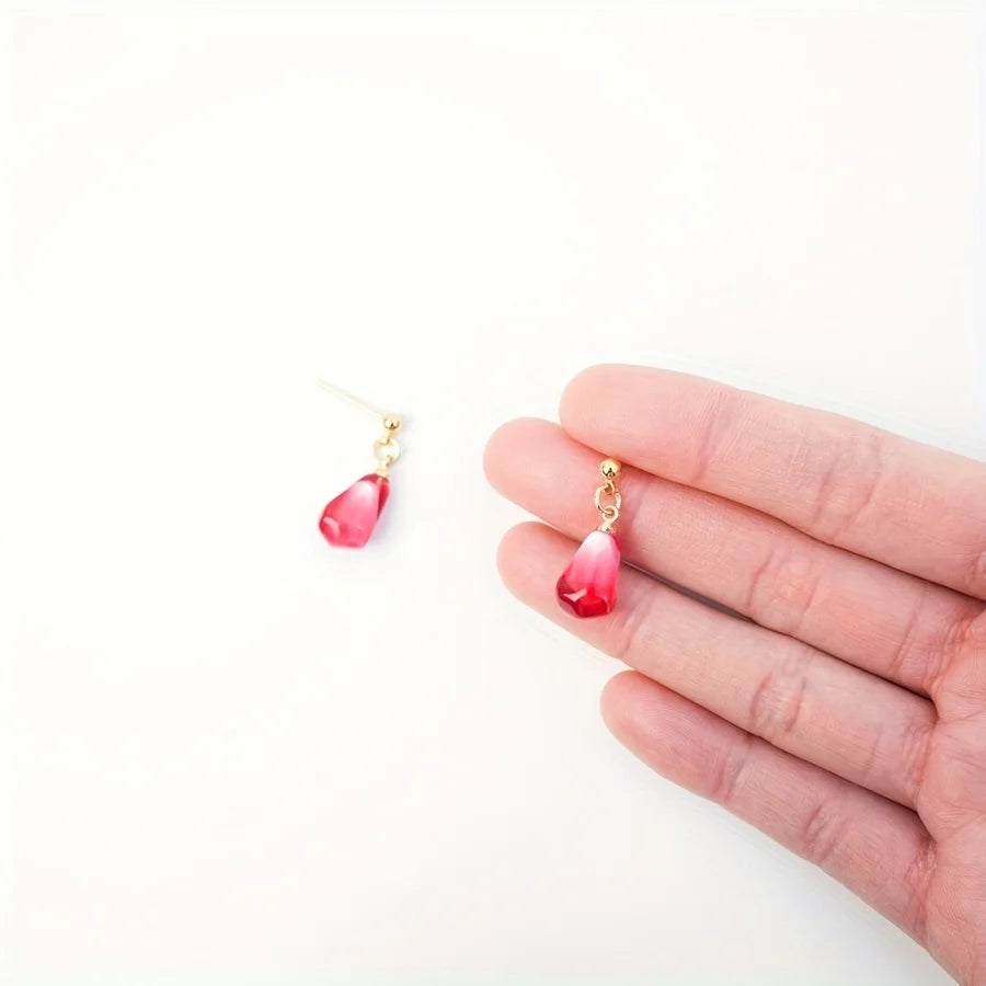 Creative Red Pomegranate Seed Pendant Golden Ear Studs