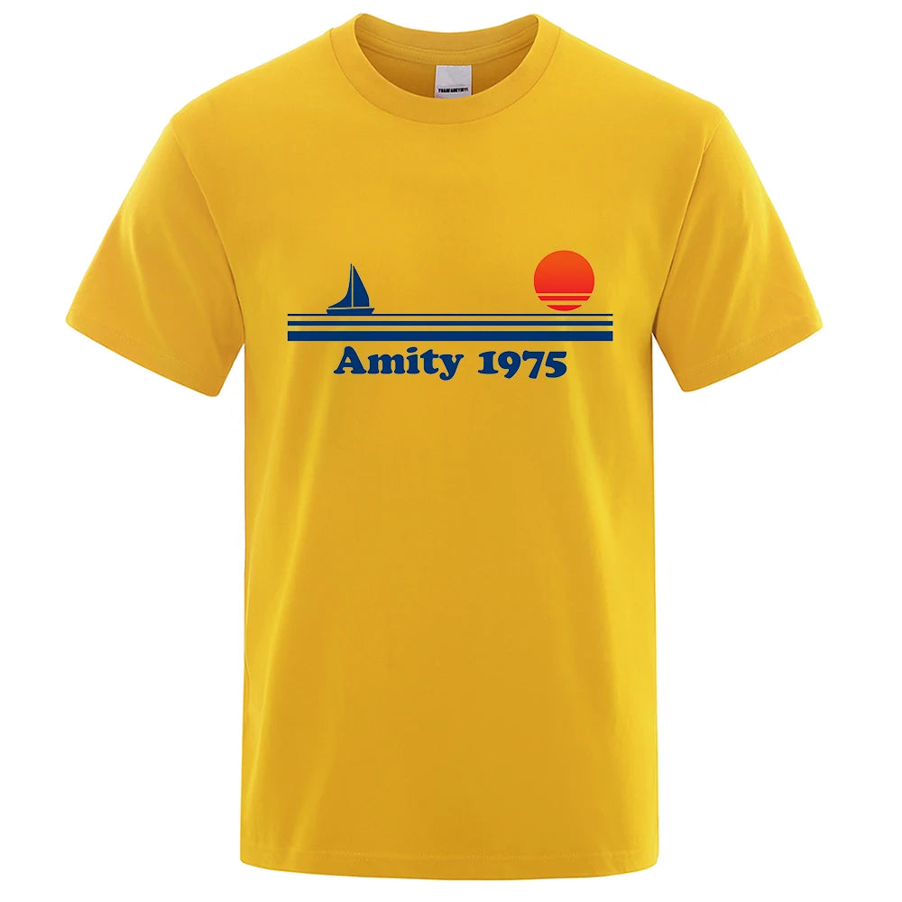 Amity 1975 - Jaws Retro Print Tshirt Men Creativity Sweat Clothing Fashion Tee Clothes T Shirts Breathable Cotton T-Shirts Man