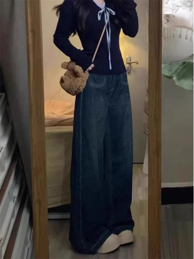 Botvotee American Retro Jeans for Women High Waist Wide Leg Loose Straight Deep Blue Denim Pants Female Fashion Streetwear Jeans