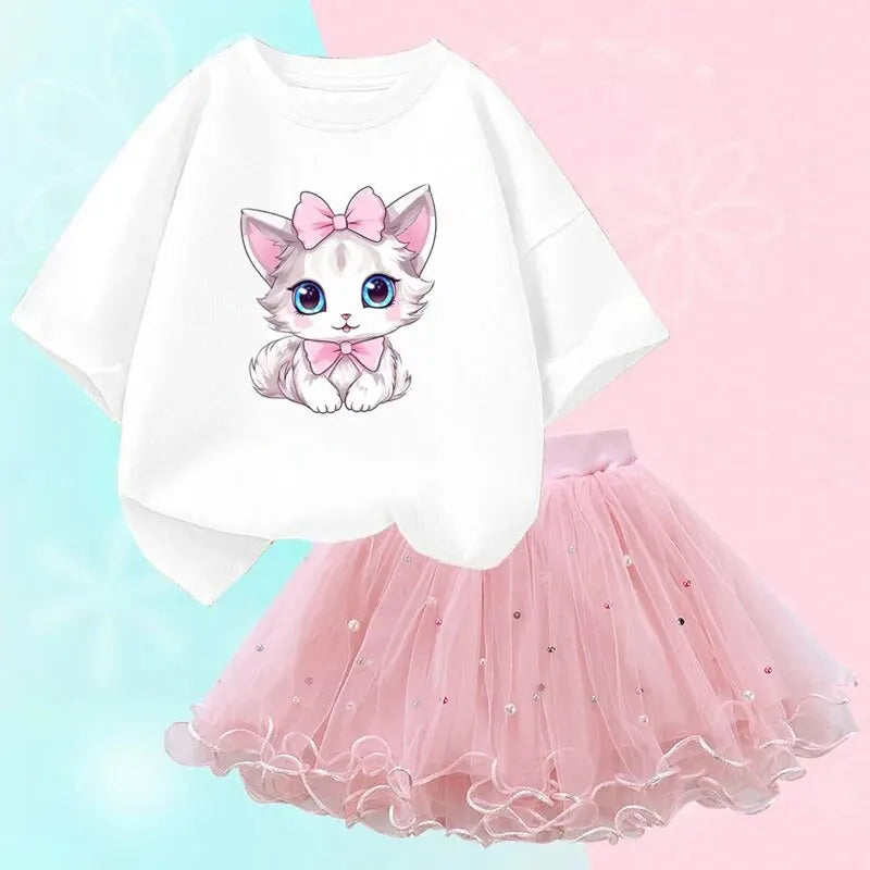 Girls Outfits Cartoon Cat T-shirt