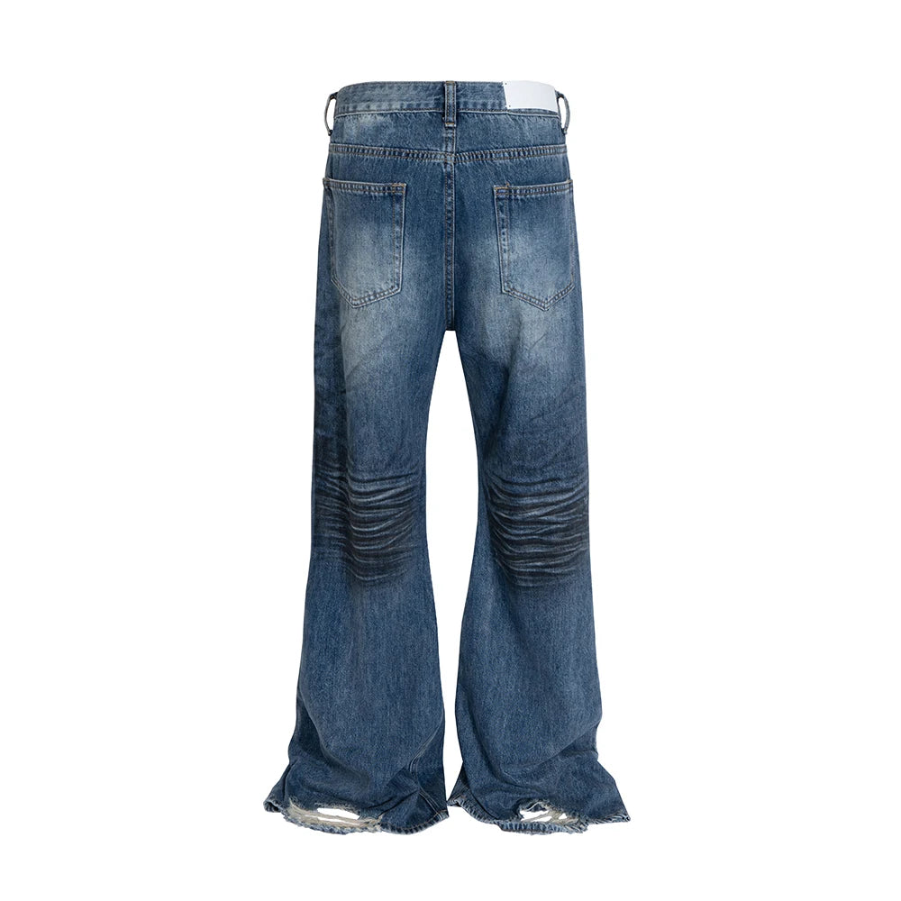 High Street Frayed Washed Blue Dirty Flare Jeans Pants for Men
