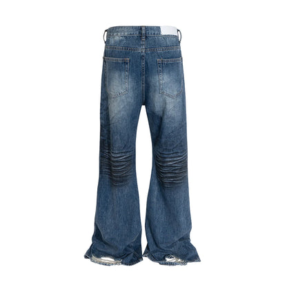 High Street Frayed Washed Blue Dirty Flare Jeans Pants for Men