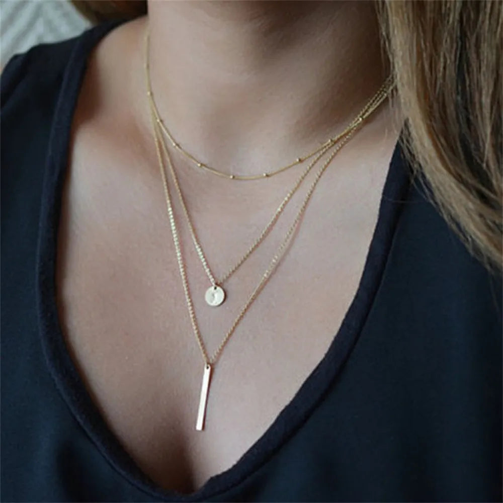 Vintage Layered Metal Bar Pendant Necklace for Women