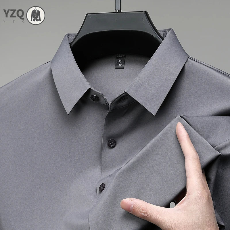 New Men's Business Casual Solid Color Short Sleeved Shirt for Summer Fashion No Ironing Comfortable and Versatile Top