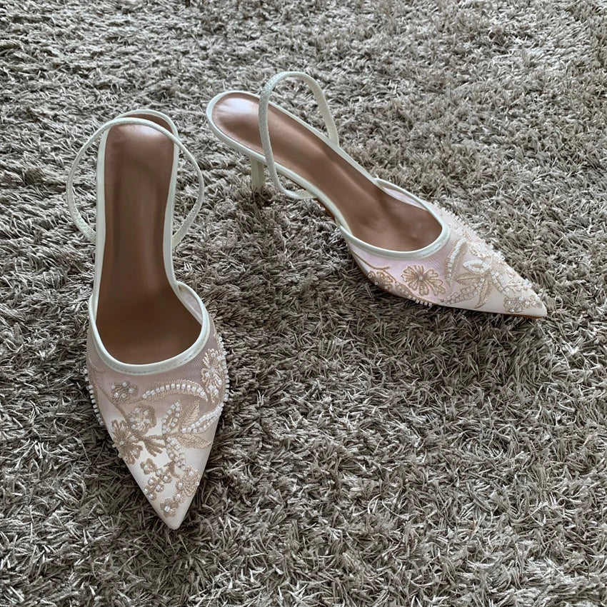 Mesh Embroidered Thin High Heels Sandals Women 2025 Summer Sexy Slingback Pointed Toe Pumps Dress Shoes Woman Sandalias De Mujer