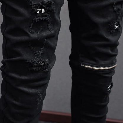 Men Jeans Black Stretch Skinny Punk Trousers Elastic Ripped Jeans
